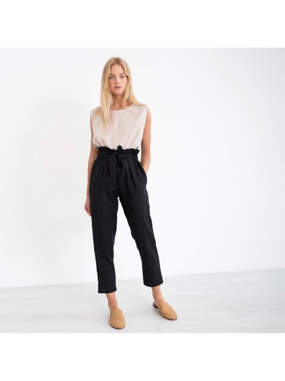 Love & confuse Paperbag Waist Cropped Linen Pants - Black